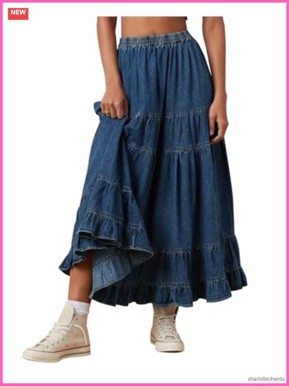 Women's Chambray Maxi Skirt Elastic Waist Pleated Tiered Flowy Long Denim